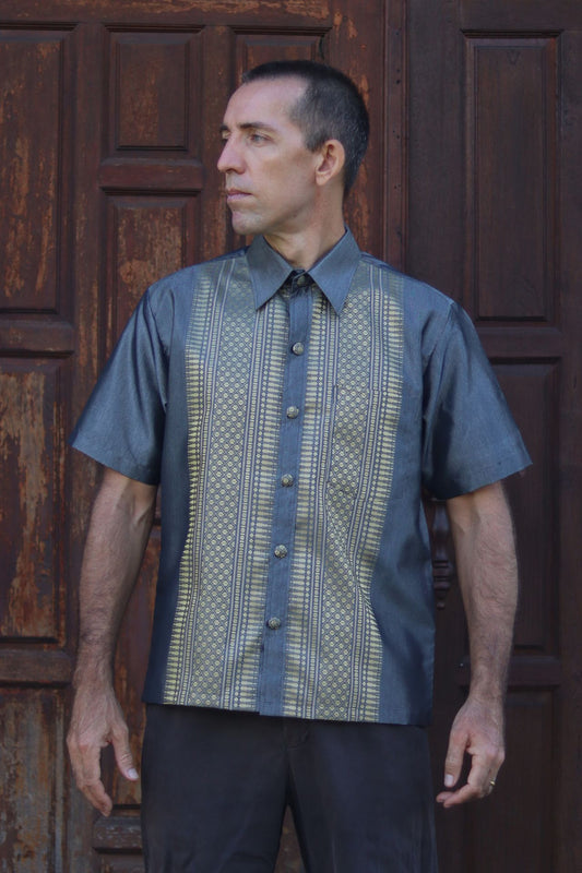 RaanPahMuang Formal Northern Thailand Woven Stitchwork Short Sleeve Silk Men Shirt