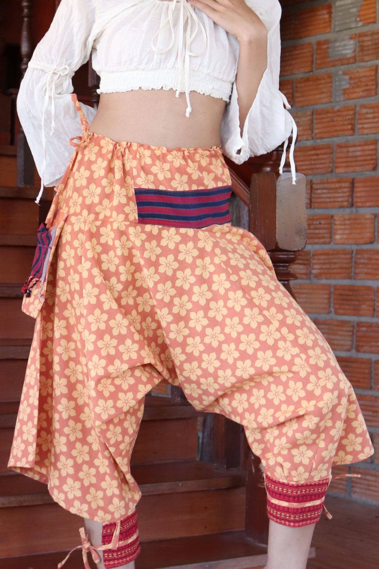 Aladin Pants Japanese style with Tied Cuffs and Woven Patches