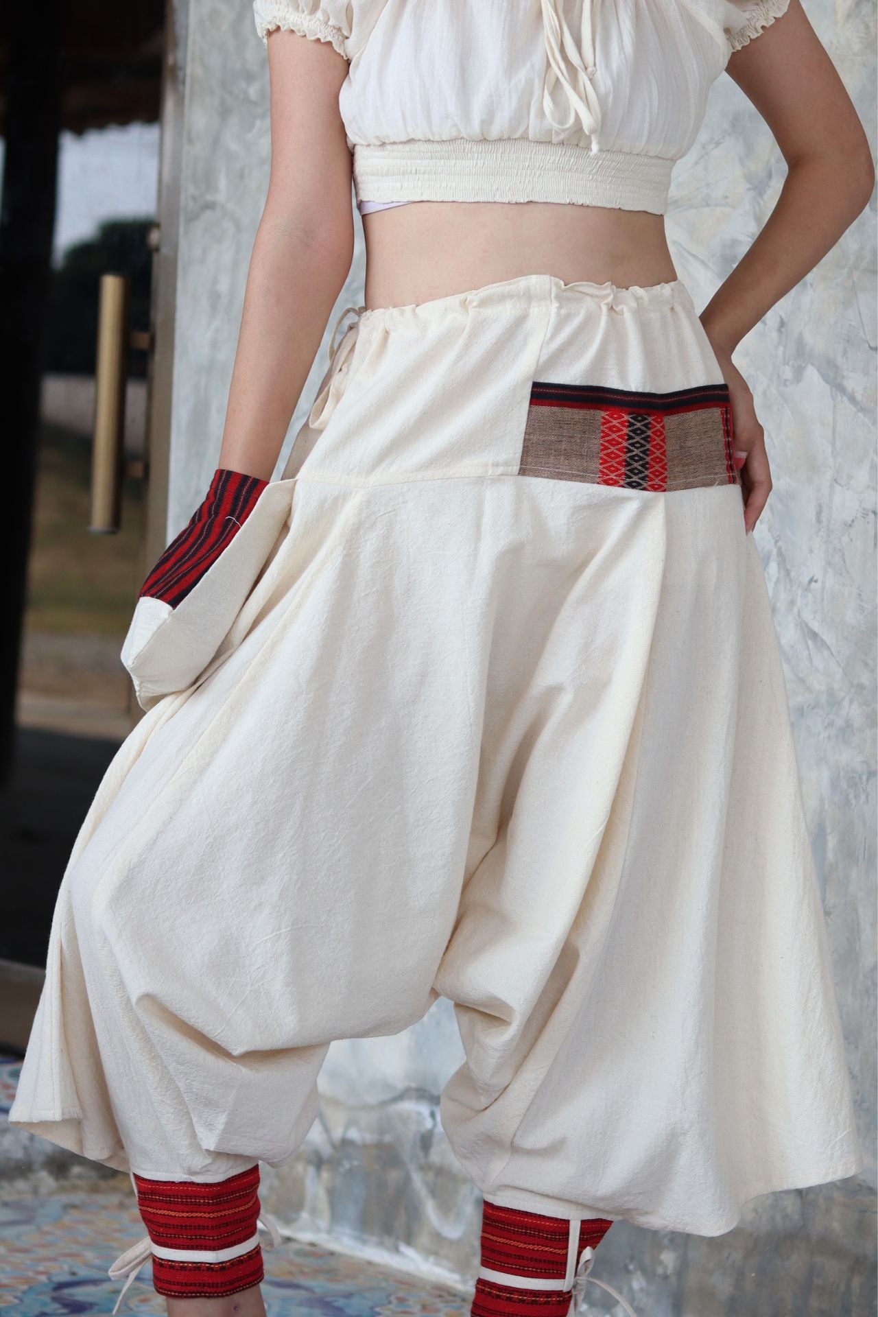 RaanPahMuang Aladin Pants Japanese style with Tied Cuffs and Woven Patches
