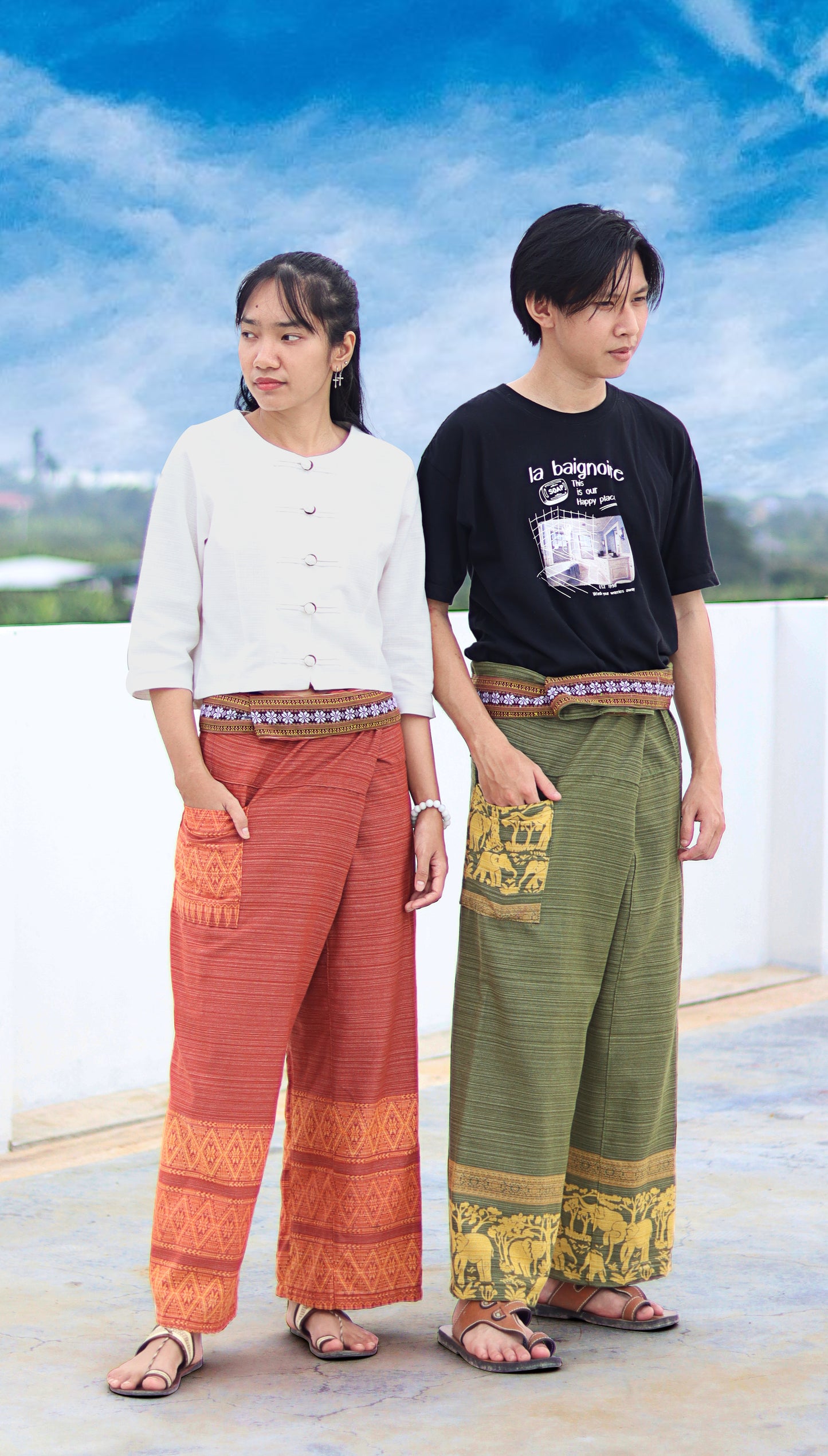 RaanPahMuang Striped Cotton Thai Fisherman Wrap Pants Thai stamped Art Print