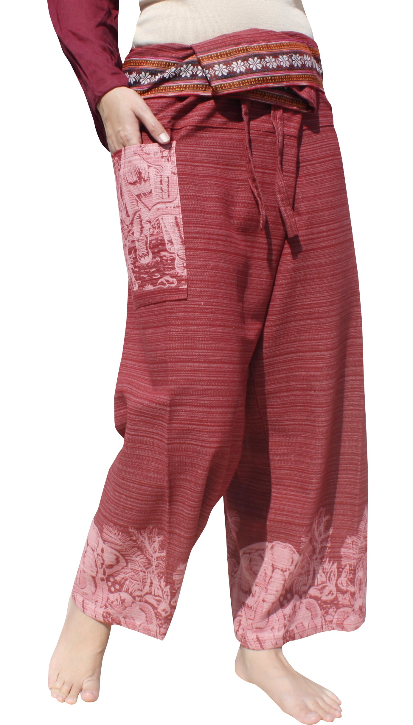 RaanPahMuang Striped Cotton Thai Fisherman Wrap Pants Thai stamped Art Print