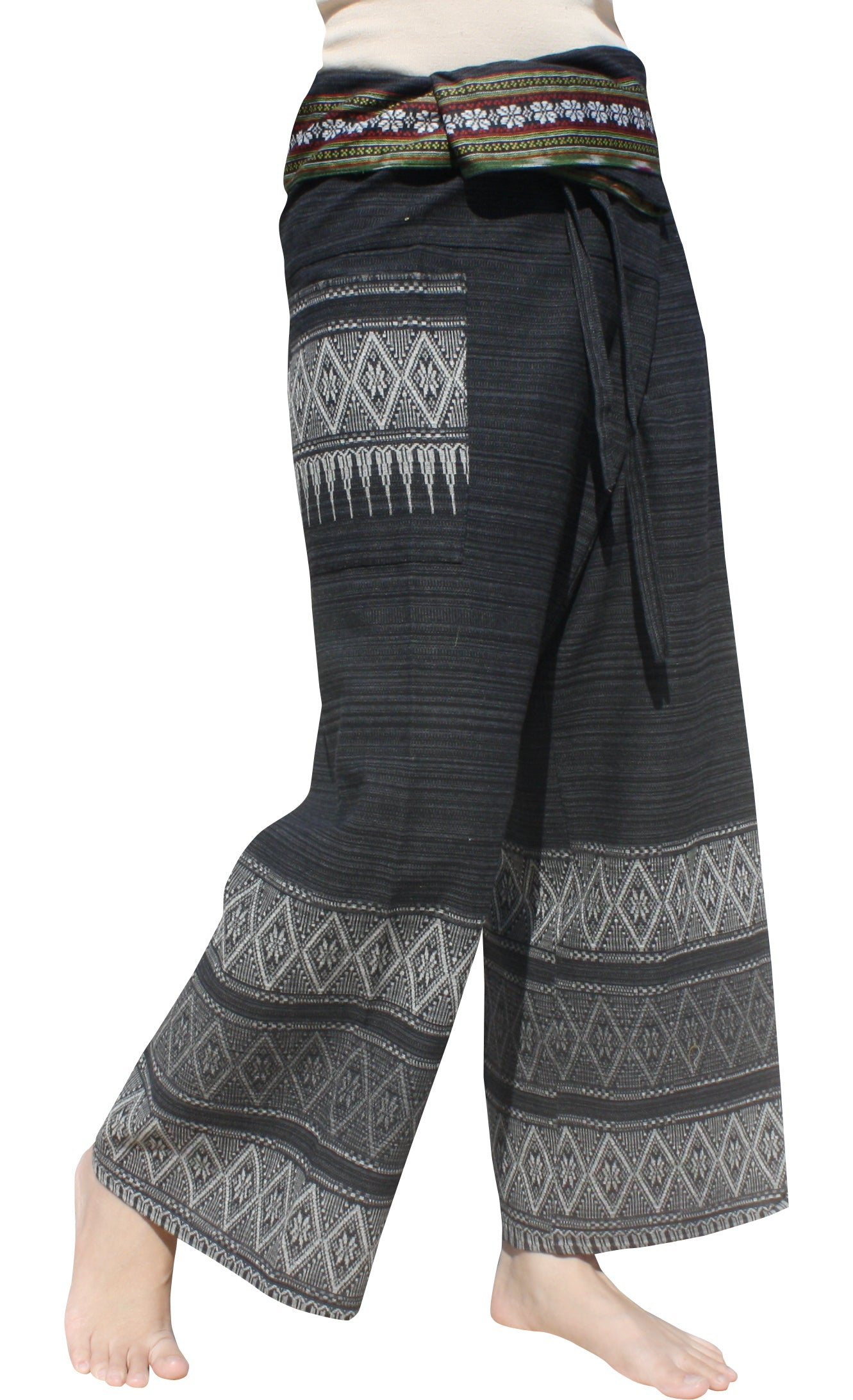 RaanPahMuang Striped Cotton Thai Fisherman Wrap Pants Thai stamped Art Print