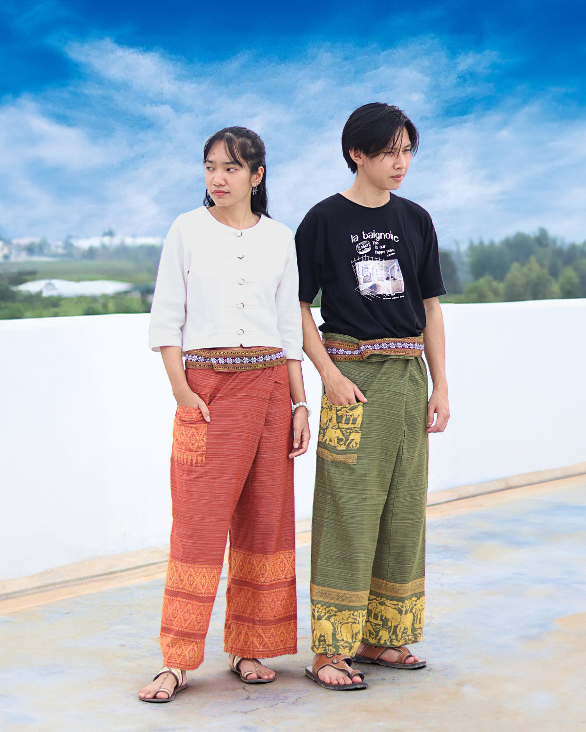 RaanPahMuang Striped Cotton Thai Fisherman Wrap Pants Thai stamped Art Print