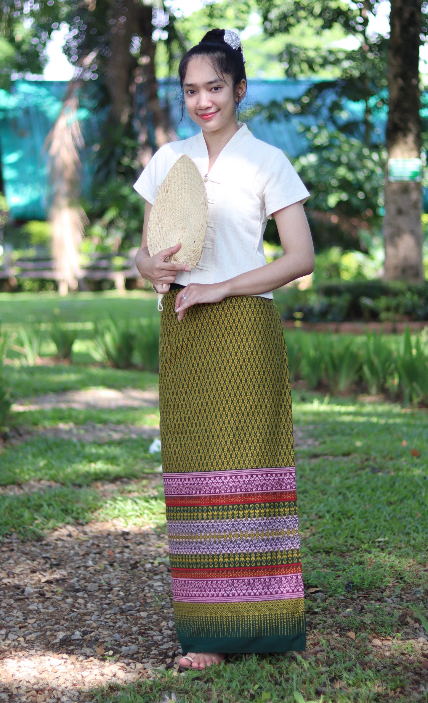 RaanPahMuang Thick Woven Cotton Thai Traditional Wrap Skirt with Waist Ties