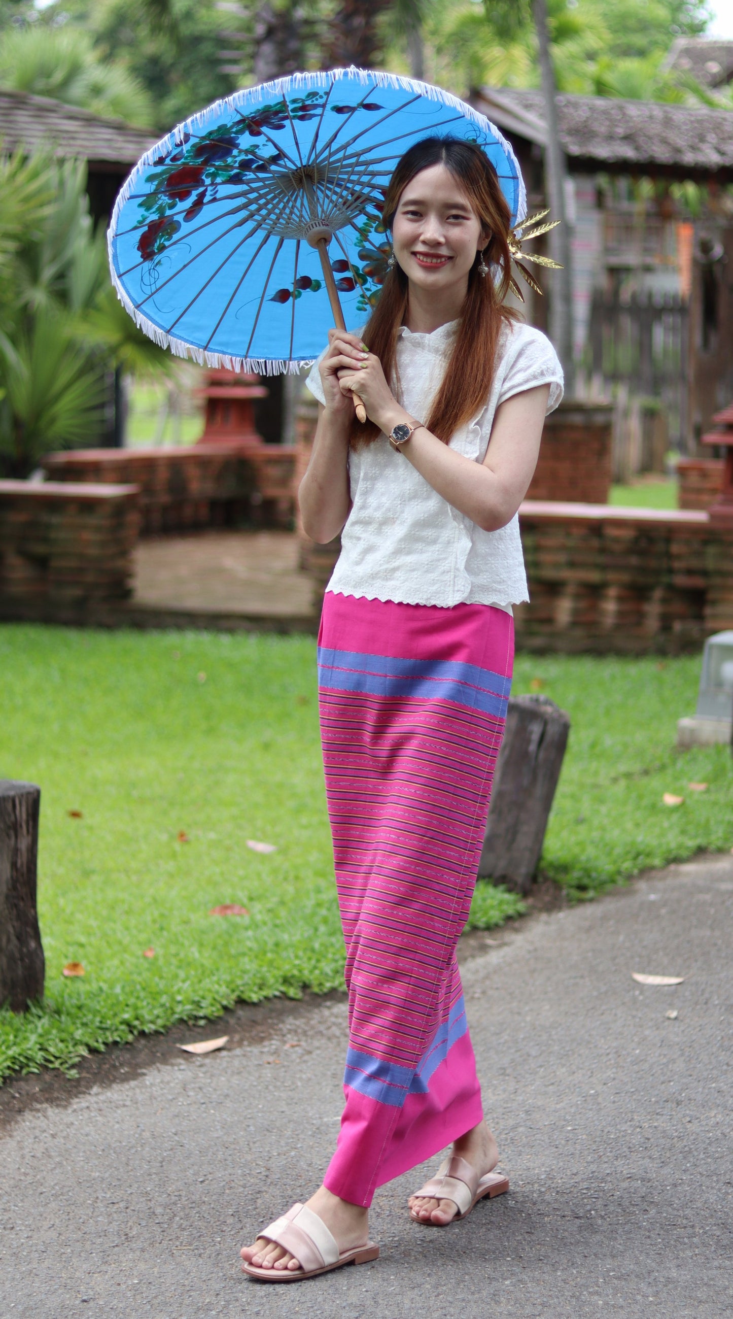 RaanPahMuang Thick Woven Cotton Thai Traditional Wrap Skirt with Waist Ties