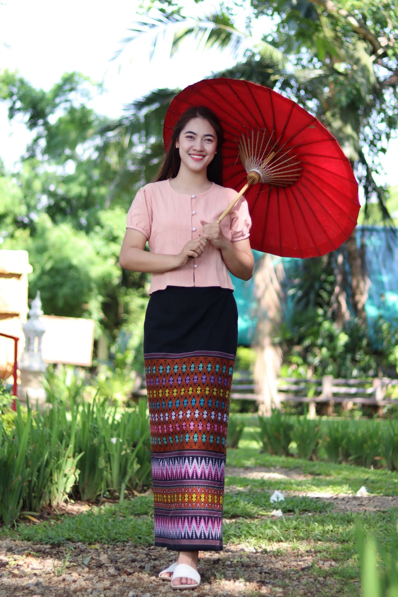 RaanPahMuang Thick Woven Cotton Thai Traditional Wrap Skirt with Waist Ties